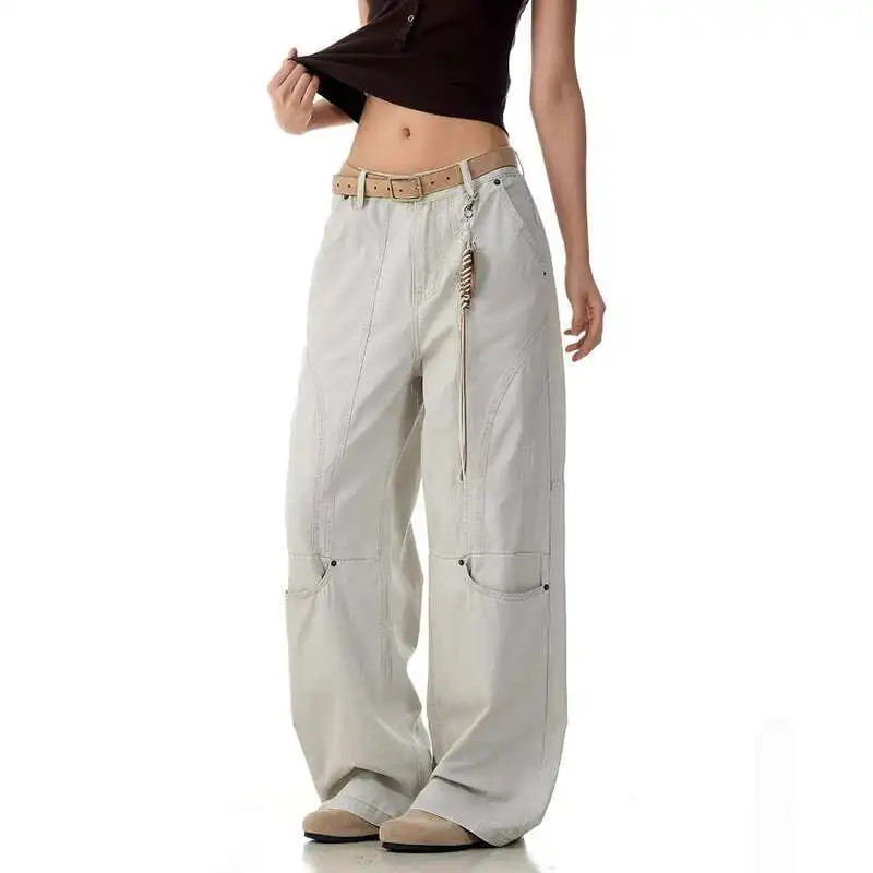 

Deconstructive Splicing American Solid Color Overalls Men Workwear Straight Leg Pants Side Pleated Design Retro Male 6297