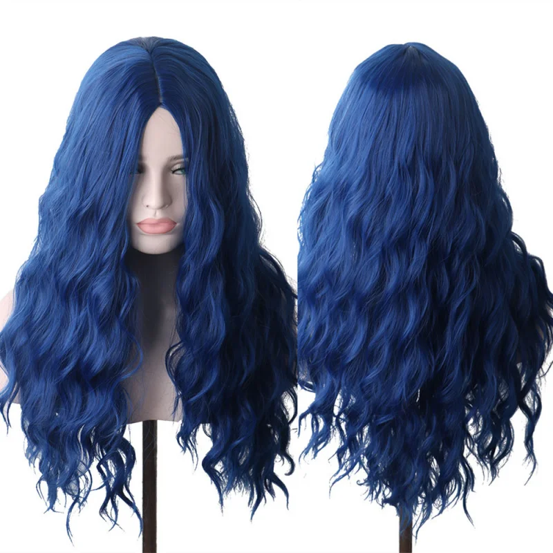 

Wig COS Middle Part Bangs Long Curly Hair High Temperature Resistant Big Waves European and American Full Head Wig Blue