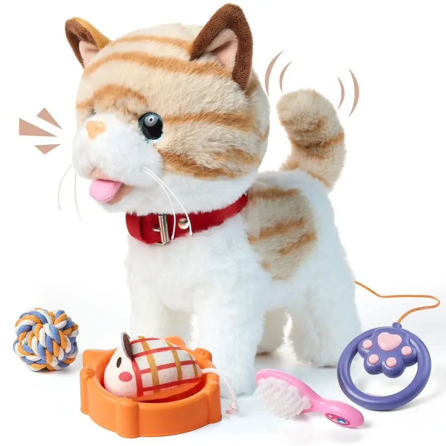 O TU-gato de juguete que camina con correa de Control remoto, juguetes interactivos electrónicos de peluche para mascotas para niños, cola Wag, canto, Pret