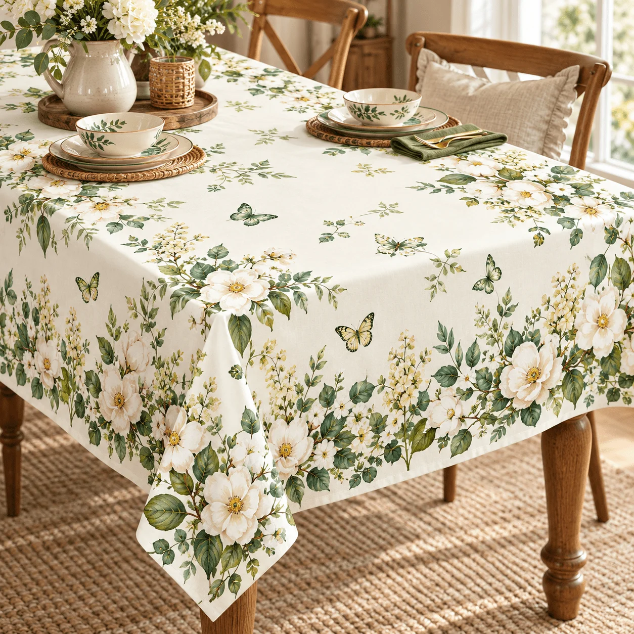 1 square tablecloth, flower butterfly print, cream white background green leaves white flowers pastoral table decoration