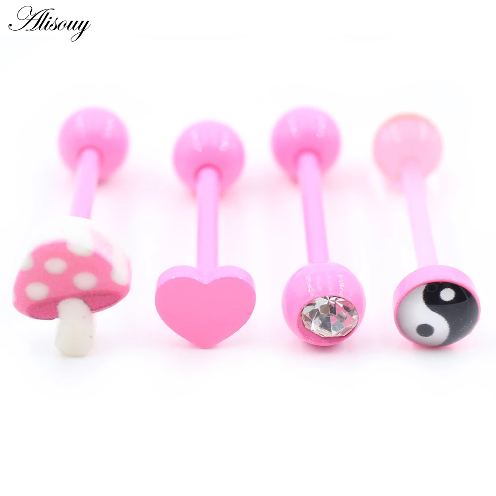 1Piece Punk Stainless Steel Ball Heart Star Acrylic Bear Mushroom Skull Tai Chi CZ Tongue Ring Ear Earring Piercing Body Jewelry