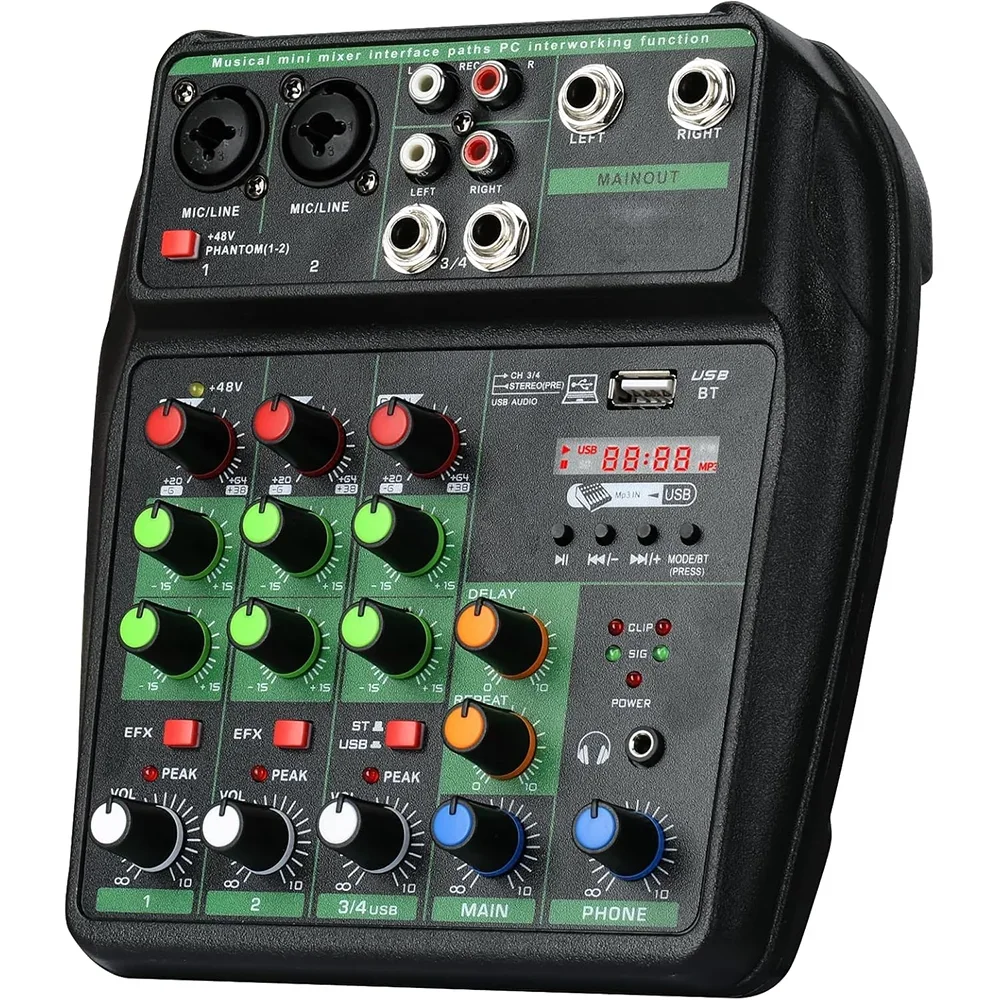 4 Channel Portable Audio Mixer USB Sound Card Console BT 48V Phantom Power For DJ Karaoke PC Microphone MP3 Recording Mixer