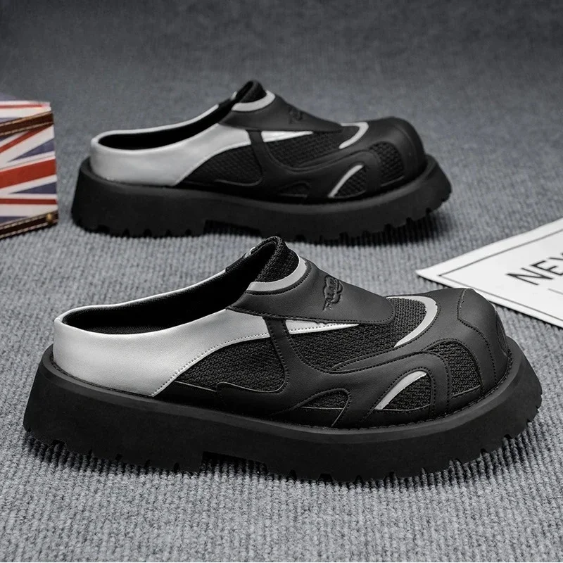 

STRONGSHEN Summer Men Half Slippers Casual Fashion Mens Loafers Leather Half Slipper Breathable