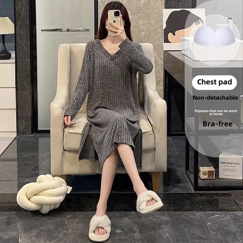 Women with Breast Pad Nightdress Spring and Autumn Pure Cotton Knitted Woolen Grey V-neck Long-sleeved Pullover Pajamas New