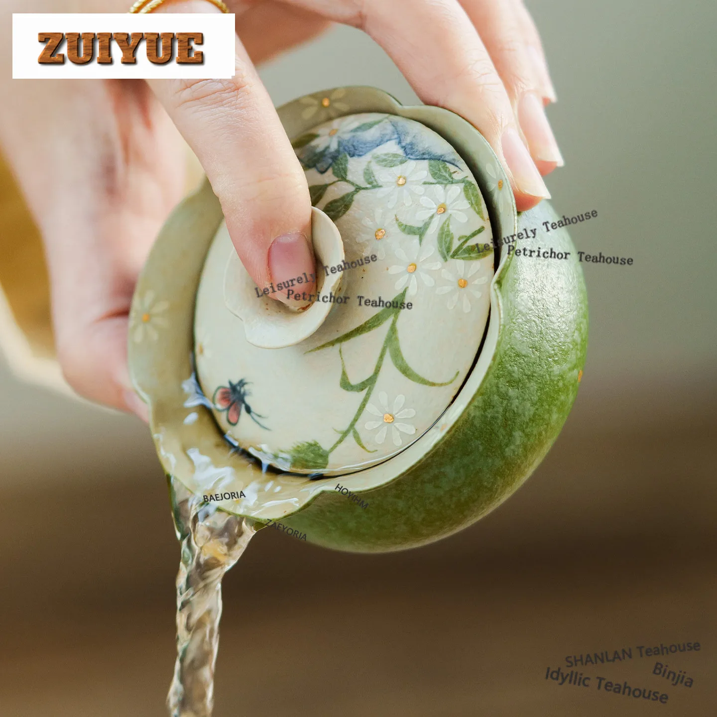 HOYIHM 100ml Citrus Green Hand Painted Daisy Gaiwan Antique Tea Tureen Tea Bowl With Lid Kit Tea Brewing Cover Bowl Drinkware