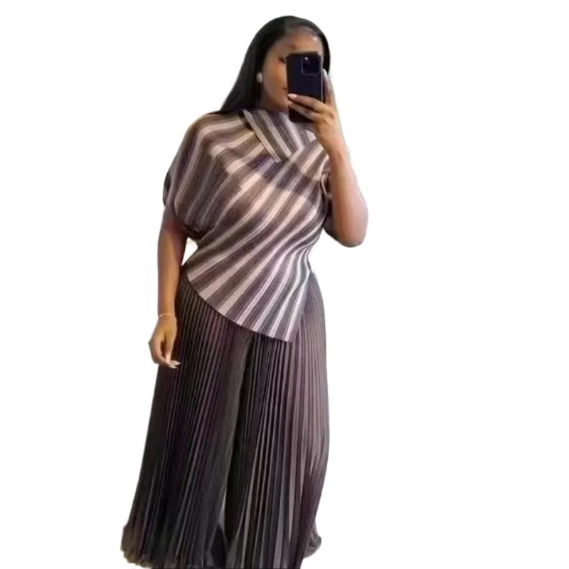 Miyake Pleated Women\'s Suit 2024 New Striped Printing Lapel Collar Short Sleeve Top + Wide Leg Pants Two-piece Set for Women