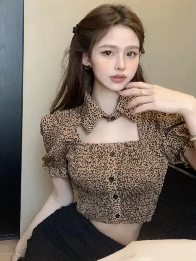 

LEOPARD Shirts Women Hollow Out Hotsweet Slim New Puff Sleeve Design Crop Tops Summer Party Fashion Chic Korean Style Streetwear