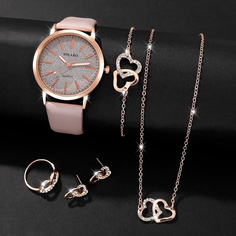 6pc/set women's elegant PU leather strap quartz watch and heart-shaped rose gold necklace jewelry set