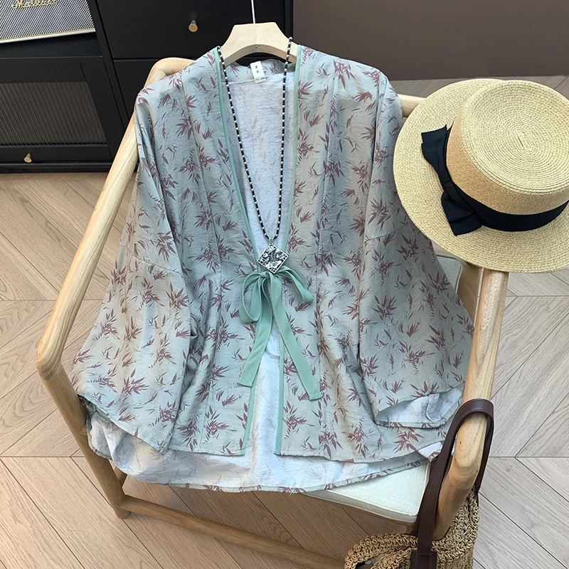 

Women Summer Print Green Kimono Shirt With Tie Chinese-style Cover Ups Blouse Vintage Traditional Boho Cardigan Clothing Jacket