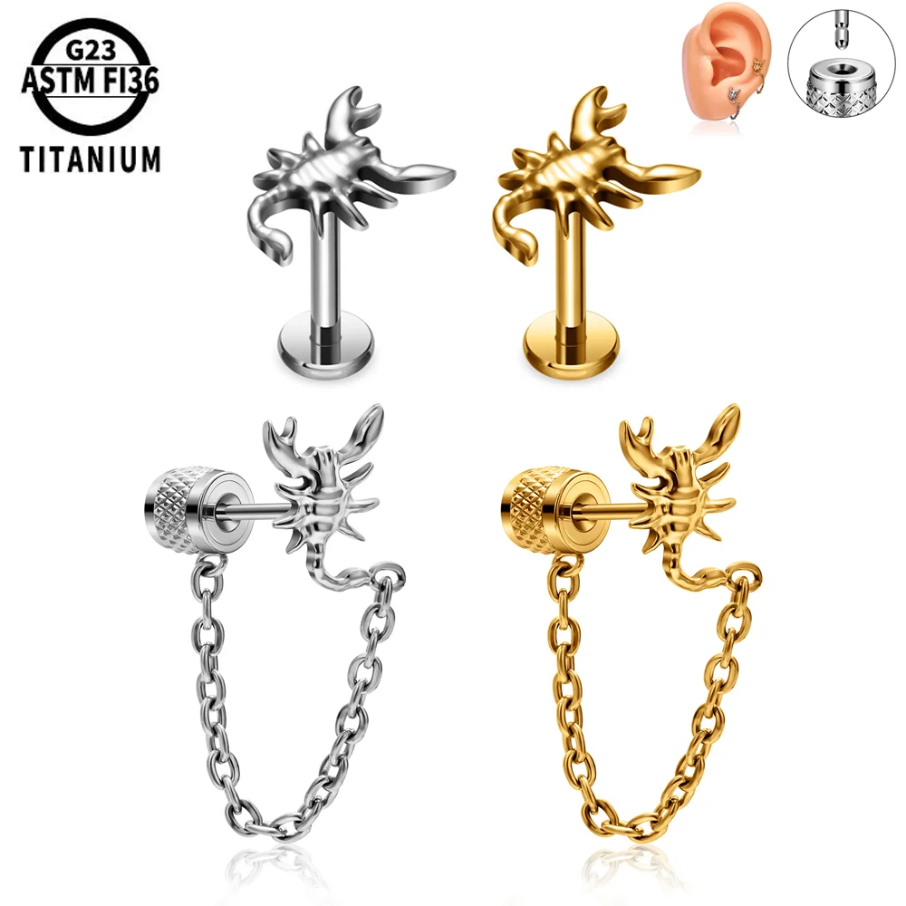 

2PC Titanium Labret Lip Piercing Stud Internally Threaded Animals Ear Stud Helix Cartilage Tragus Earring Piercing Jewelry 16G