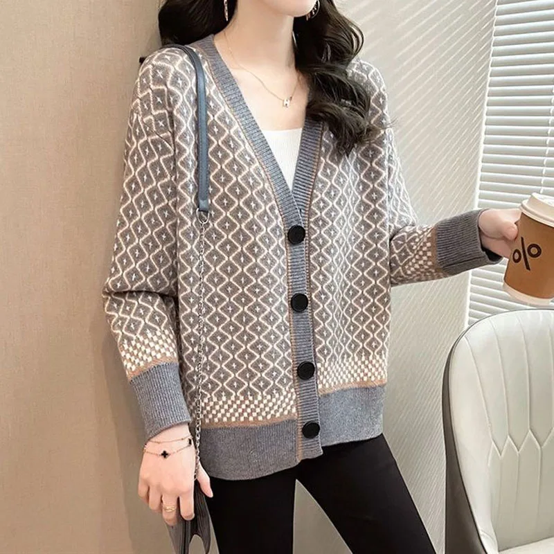 V-Neck Argyle Vintage Knitted Cardigan Spring Autumn Women\'s Clothing Fashion Loose Casual Button Long Sleeve Sweaters Female