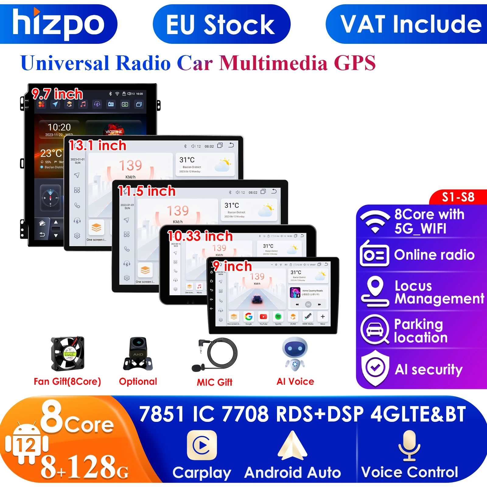 Hizpo 2Din 10,1 '10,33' Universal AutoRadio Carplay 4G WIFI BT GPS AI sistemas Android 13 Radio de coche navegación GPS reproductor RDS Cam