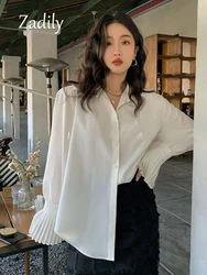 Zadily 2023 Autumn Office Lady Long Sleeve Women White Shirt Korea Lady Folds Button Up Loose Woman Blouse Work Elegant Clothing