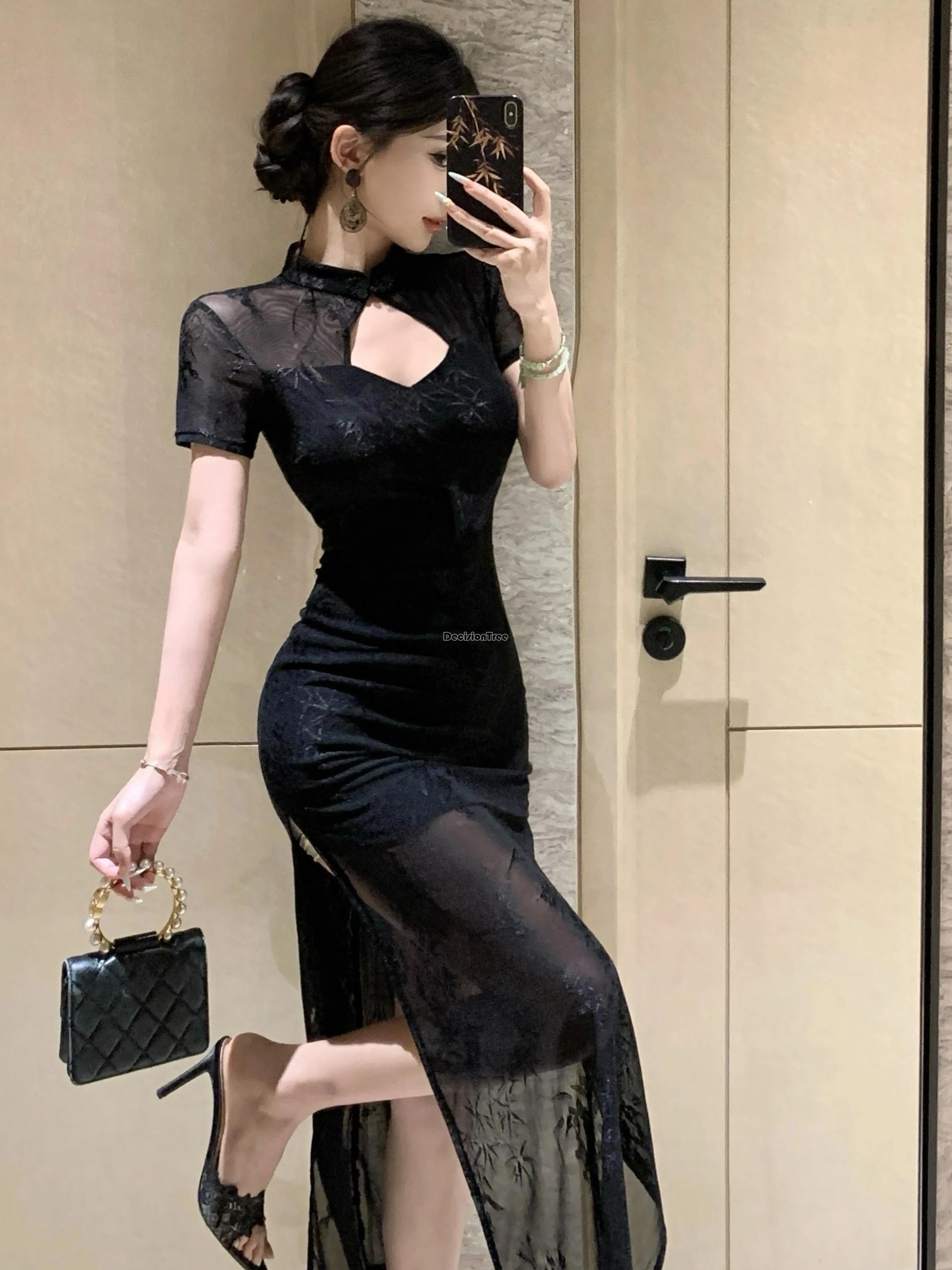 

2025 summer retro improved chinese sexy form-fitting hip-hugging slit mid-length hollow out design cheongsam qipao dress women