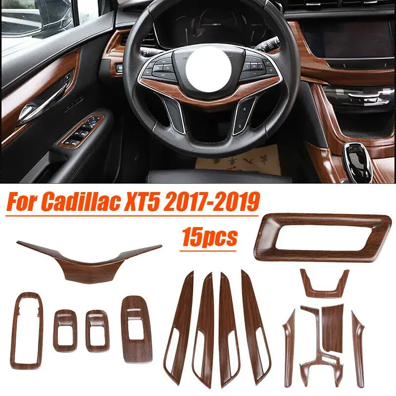 For Cadillac XT5 2017-2019 Wood Grain Car Interior Kit Full Set Cover Trim 15pcs