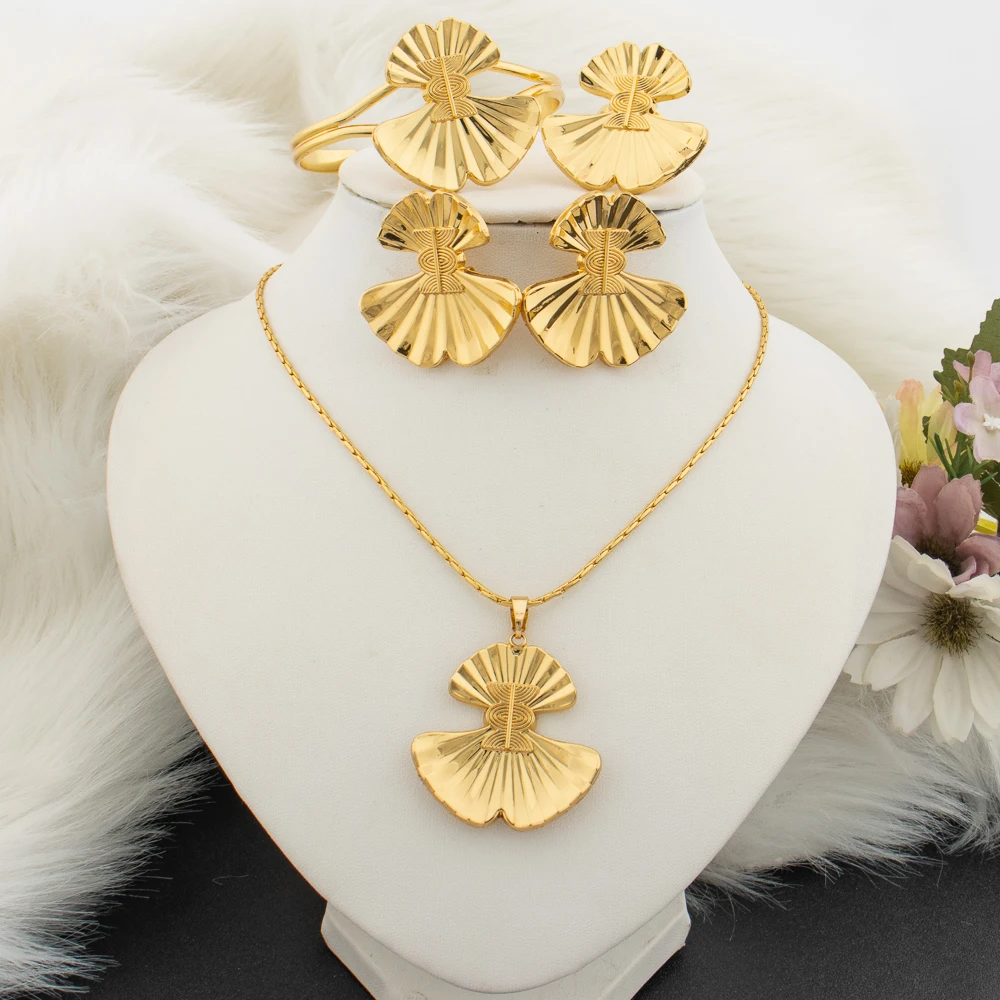 

Fashion Jewelry Set for Women 18k Gold Color Pendant Necklace and Earrings Bangle Ring 4Pcs Set for Weddings Engagement Party