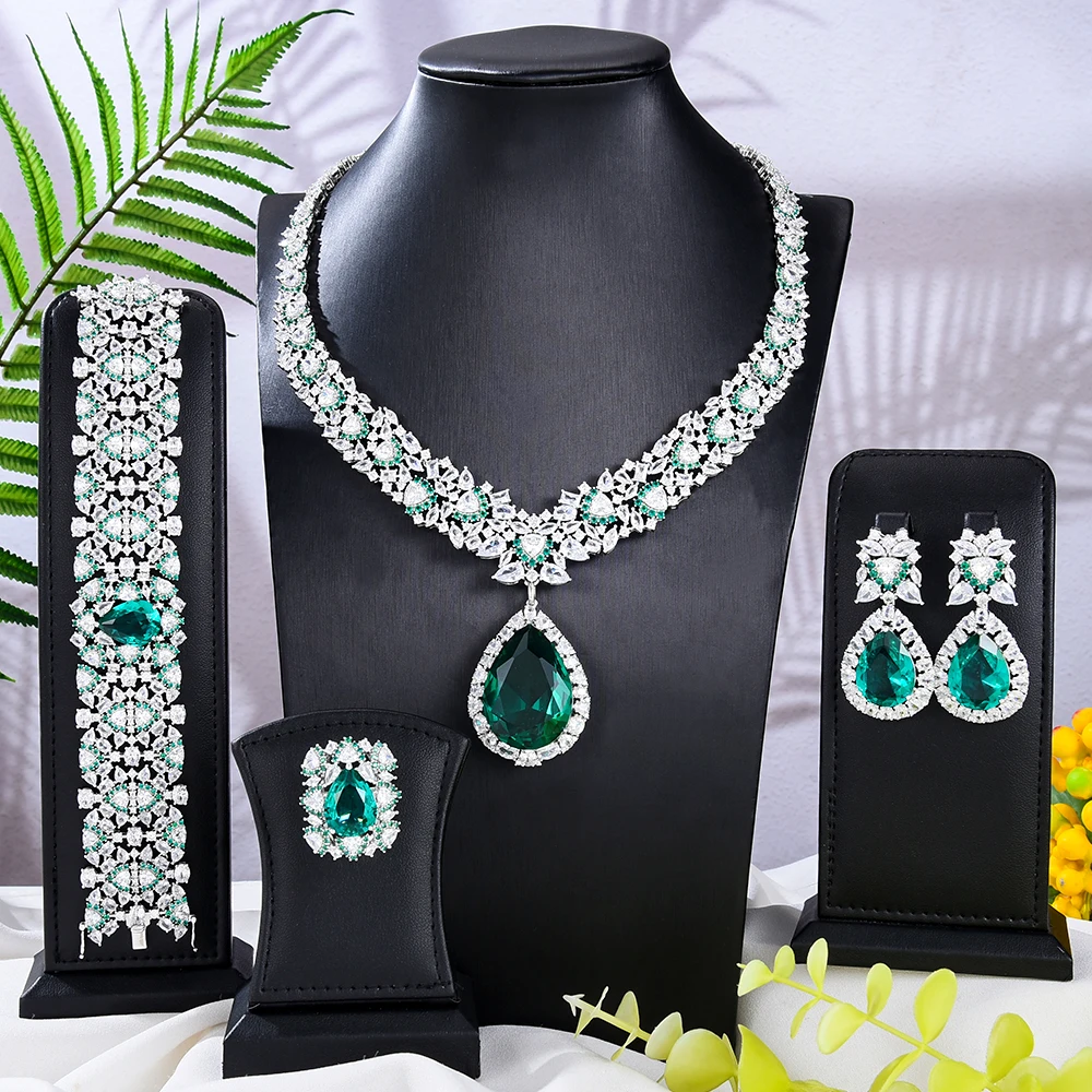 Jimbora Luxury 4PCS Waterdrop Crystal Necklace Jewelry Sets For Women Wedding Party Cubic Zirconia Dubai Bridal Fashion Trendy