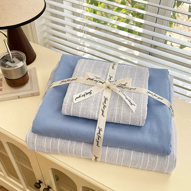 Korean Bedding Full Sets Blue 2026 New Soft Striped Queen Bed Sheets Duvet Cover With Pillowcase No Filling Bedroom Decor
