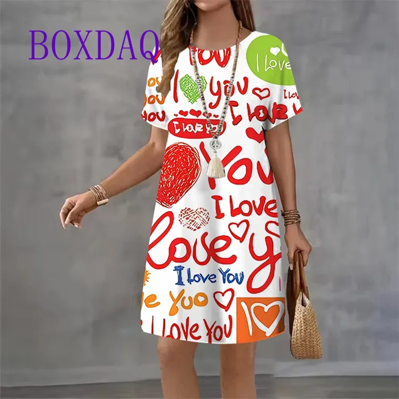Vintage imprimé femmes robes mode 2025 à manches courtes été élégant robe d'été ample décontracté amour imprimer dames Mini robe robes