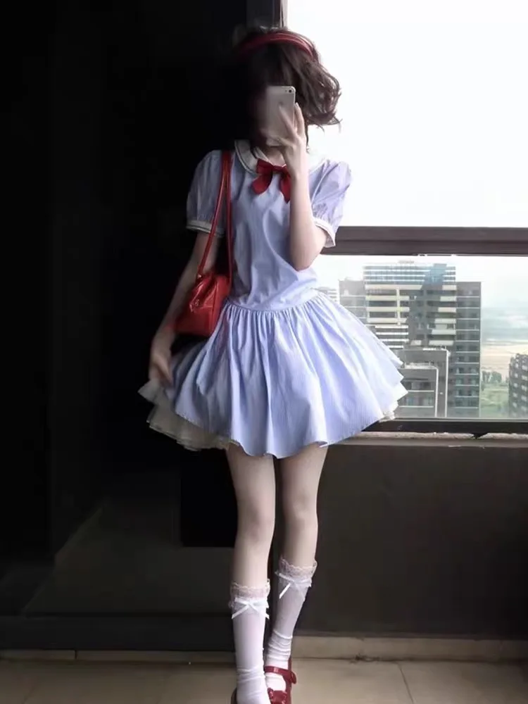 Sweet School Girl Style Doll Collar Dress Summer Beautiful Short Skirt Bubble Sleeve Cute First Love Series Women's Clothing