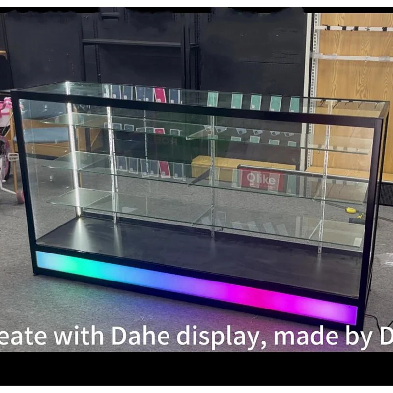 Custom. Hot Sale 70inch Smoke Store Fixture Tempered Glass Display Smoke Shop Showcase with Colored LED Light