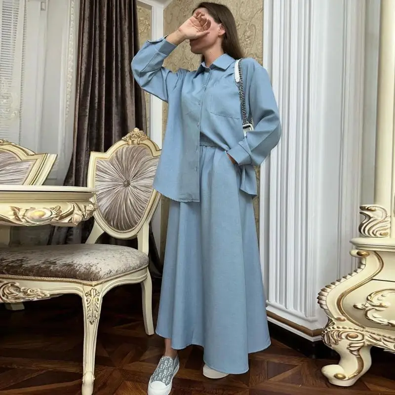 Designer Suits for Women Dress Sets Two-piece for Woman Female Long Sleeve Blouse + Loose Maxi Skirt Lady's Commuting Outfits