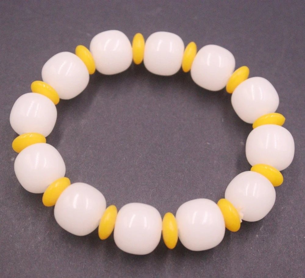 

Natural Jade Nephrite Women Lucky Yellow Slice 14mm White Round Beaded Bracelet