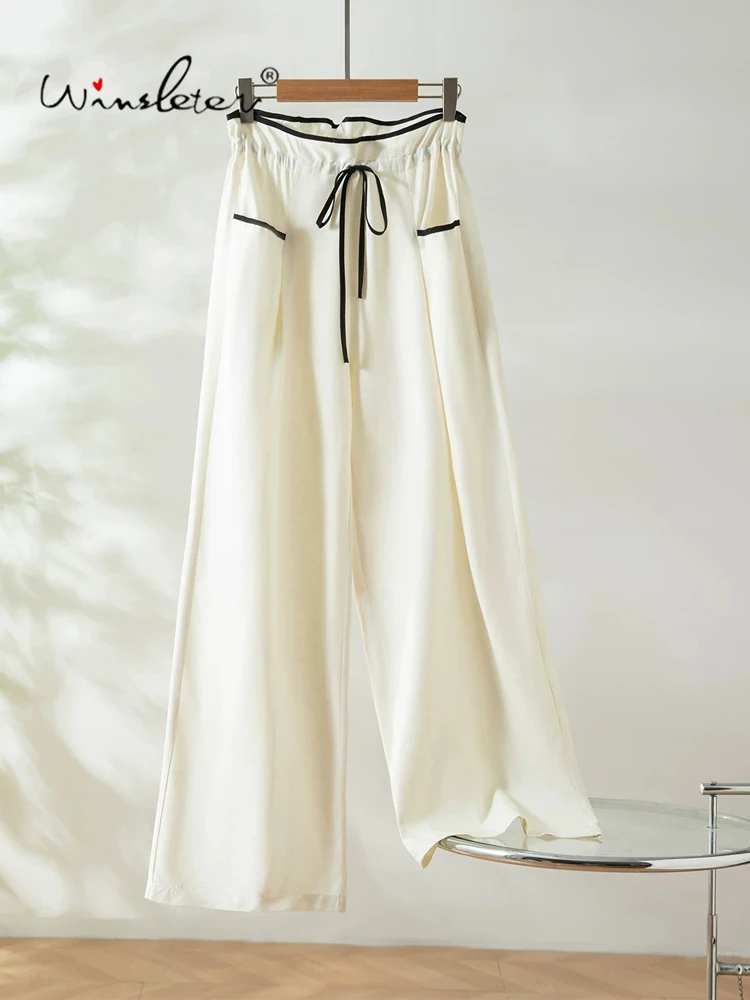 Winsleter-100%Spun Silk Elegant Trousers, Elastic Waist Color Blocking, Women Korean Casual Straight Pants, 2026 Autumn B69640CC