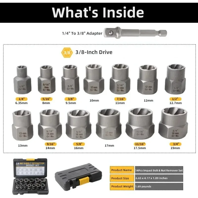 Профессиональный набор из 14 ударных болтов, 1 4 3 8, приводная розетка SAE, противоскользящий съемник для зачищенных гаек, винтов, адаптер W, инструмент