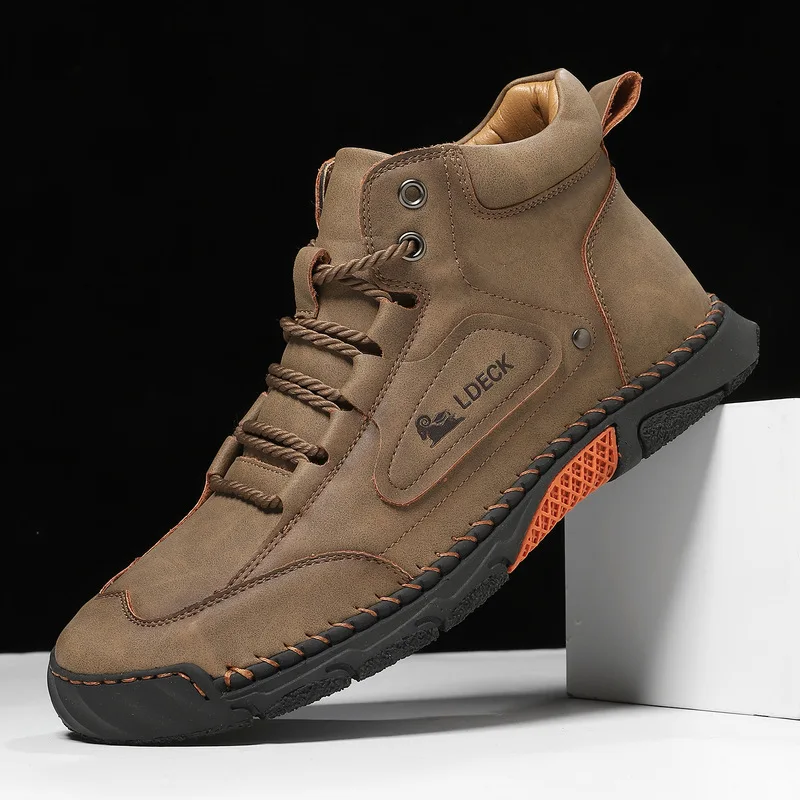 Cross-Border Large Size Men’s Hand Stitched Leather Ankle Boots, Lace-Up Flat Sole High Top Outdoor Fashion Casual Walking Shoes