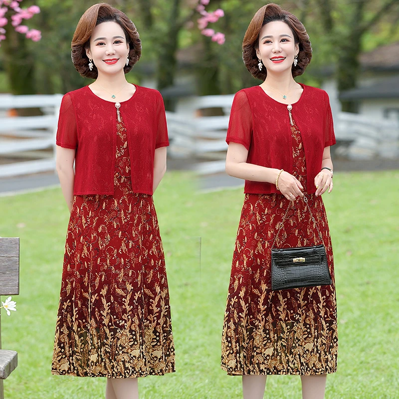 New Women Dress XL-6XL Elegant Net Yarn Knee-length 2023 Summer Fashion fake two Ladies Mid-length A-Line Dresses