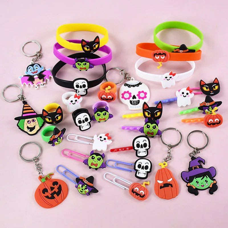 40pcs/set Halloween Kids Toy Bracelets Ghost Pumpkin Wristband Hairclip Rubber Ring Halloween Birthday Party Gifts Pinata Filler