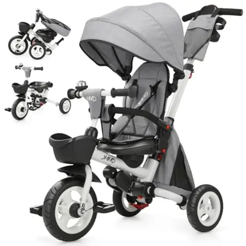 8 in 1 Foldable Tricycle Stroller with Push Handle for 18 Months to 5 Years Gray 360 Swivel Seat Reclining Backrest All-Terrain