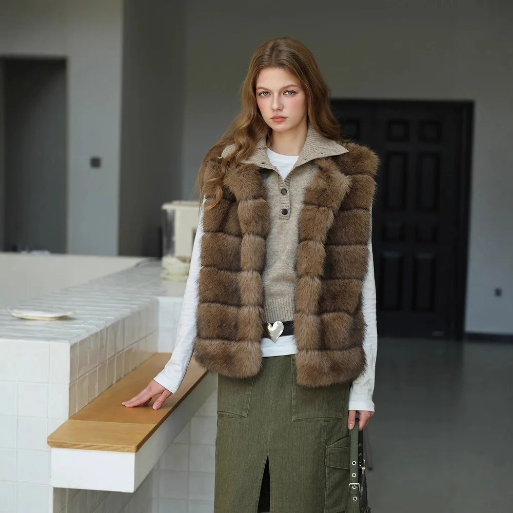 KIDCRKJ الشتاء النساء صديقة للبيئة الفراء سترة الحد الأدنى الصلبة منقوشة أكمام سيدة فرو المنك أبلى سميكة الدافئة الإناث فو الفراء معطف #3