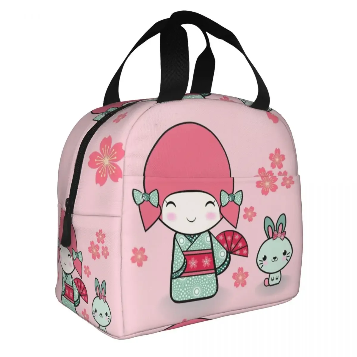 Japanese Kokeshi Dolls Insulated Lunch Bag High Capacity Sakura Meal Container Thermal Bag Tote Lunch Box Work Picnic Men Women