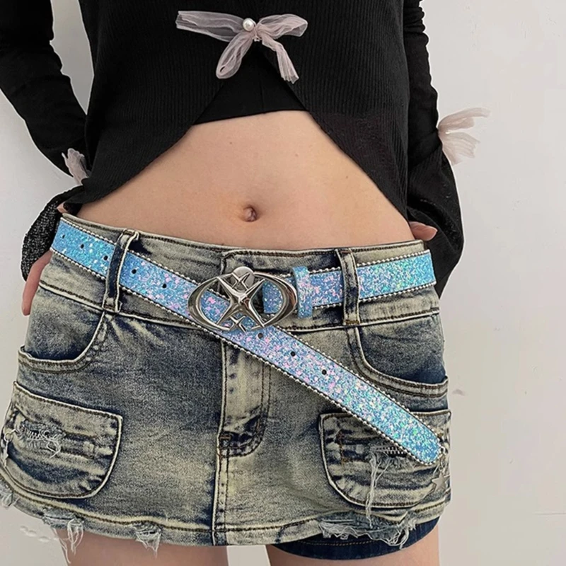 Adjustable Pin Buckle Belt for Adult Full Sequins Belt for Jeans Cowboy Cowgirl