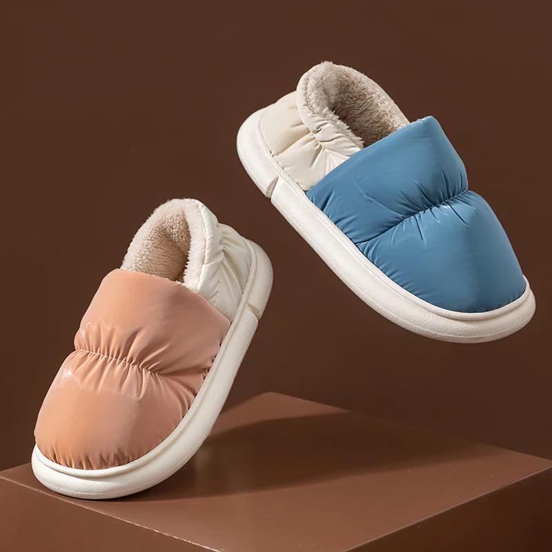 Fashion Winter Ladies' Waterproof Non-slip Slides Couple Cover Heel Warm Soft Plush Slippers Women Men Home Casual Cotton Shoes