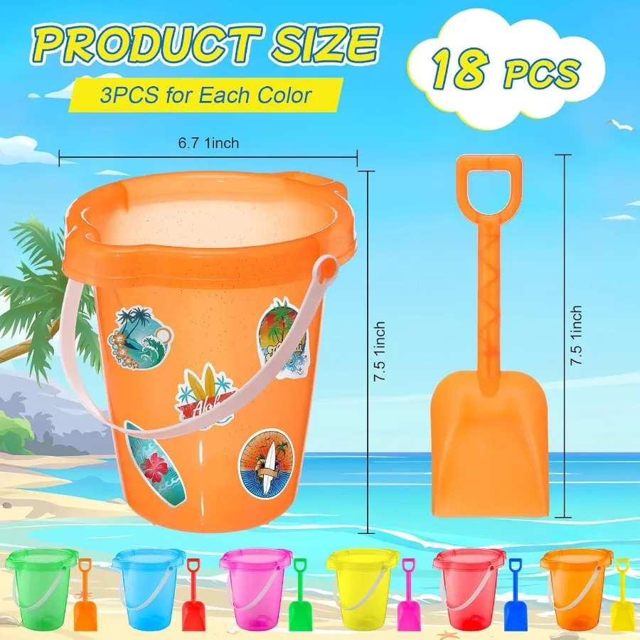 18 conjuntos de baldes de areia de 7,5 polegadas com pás para piscina de adesivos havaianos e brinquedos de natação para crianças pequenas conjunto de baldes de areia para o verão