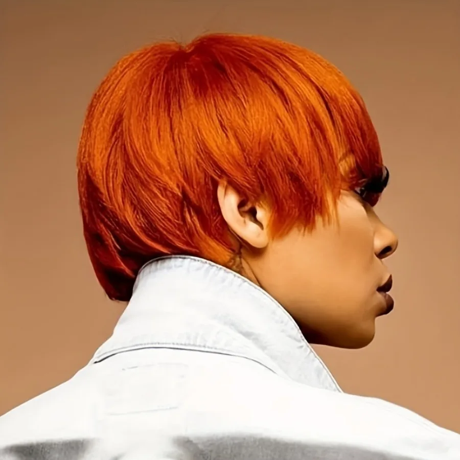 شعر بشري برازيلي مفرود من Pixie Cut كثافة 150% 6 بوصة برتقالي مع غرة - شعر مستعار مصنوع آليًا بالكامل، قبعة شبكية وردية