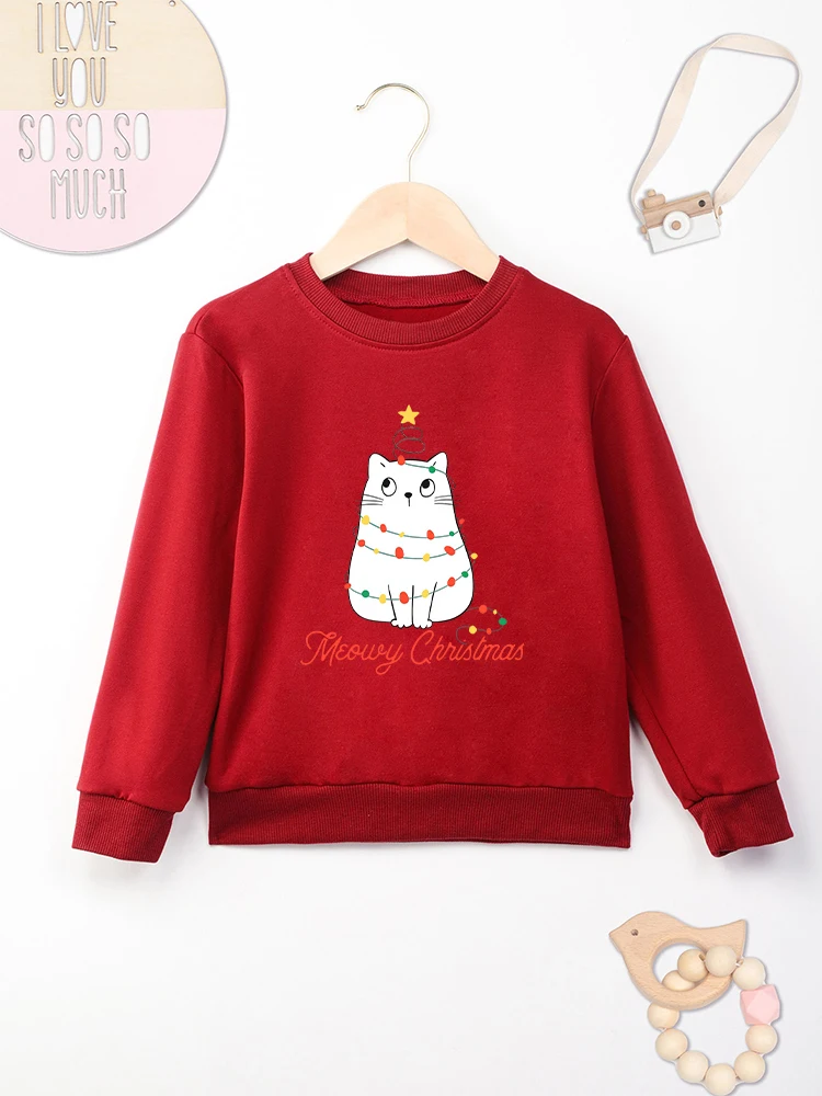 Cute Cat Merry Christmas Sweatshirt Red Kawaii Cartoon Harajuku Fashion Children\'s Clothing Xmas Gift High Quality Kids Hoodie