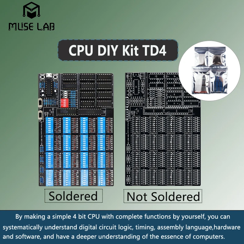 

Набор для процессора «сделай сам» Процессор TD4, простой 4-битный процессор самостоятельно, аппаратная печатная плата программного обеспечения с открытым исходным кодом и все компоненты, пайка опционально