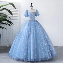 Customized Blue Ball Gown Women Evening Dresses Sequins Puff Sleeves Prom Birthday Party Gowns Formal Occasion Vestido De Noche