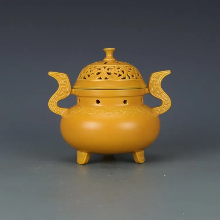 Chinese Yellow Porcelain Censer Tripod Incense Burner Qing Qianlong Amphora 5.5