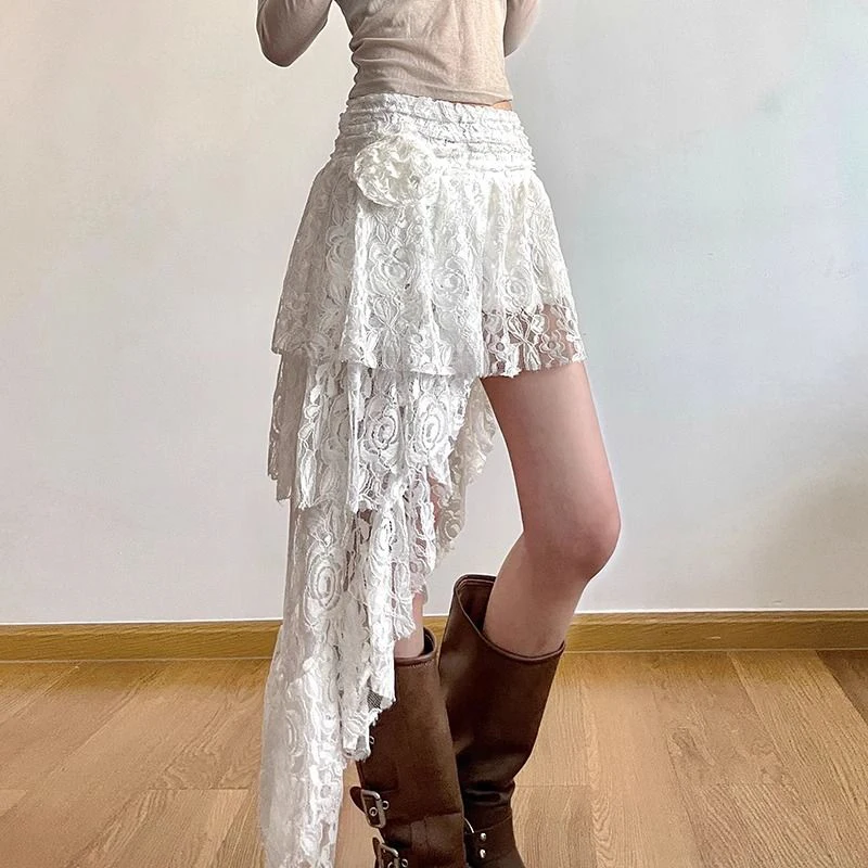 MEXZT Y2K Asymmetrical Midi Skirt Women 2000S Vintage Lace White Skirts Gothic Aesthetic Korean High Waist Design A Line Skirt