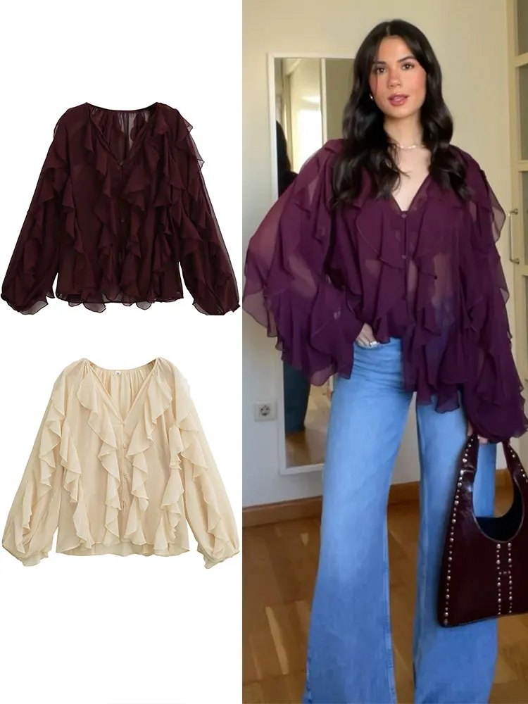 

TRAFZA Elegant Woman Ruffles Blouses V-neck Long Sleeve Solid Loose Single-breasted Shirt 2025 Spring New Women's Casual Tops