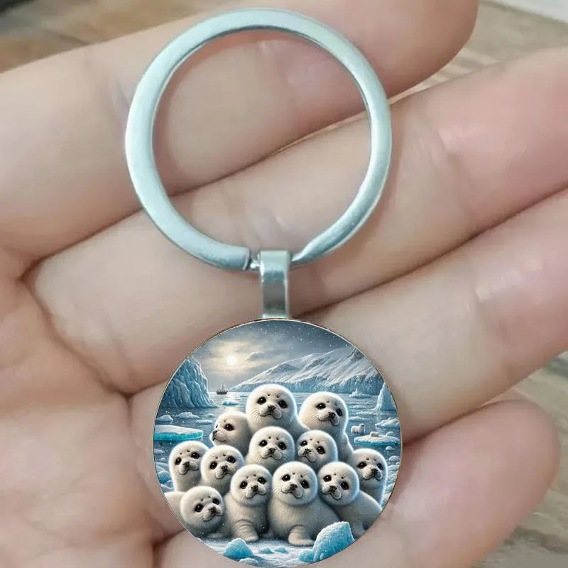 Charming White Seal Round Keychain Valentine's Day Birthday Gift