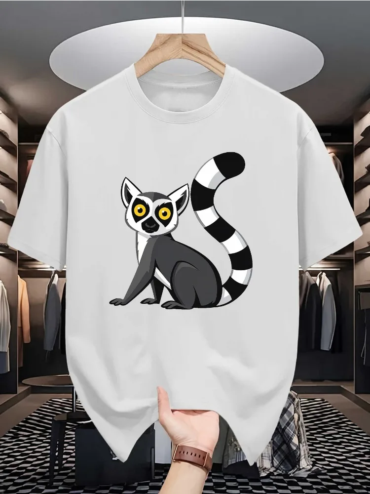 Men Summer Crew Neck Short Sleeve T Shirt Cute Cartoon Ring Tailed Lemur Print Casual Loose Fashion Streetwear Daily Basic Top