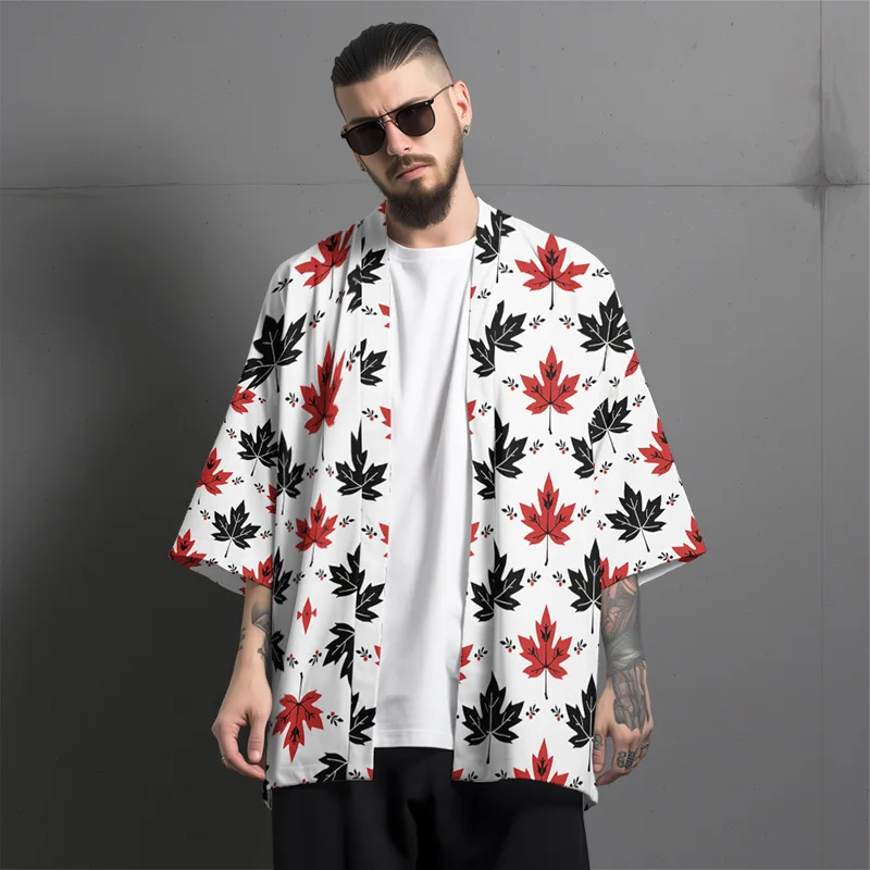 

Fashion Maple Leaf Print Japanese Style Kimono Cardigan White Yukata Summer Beach Men Women Traditional Haori Gift