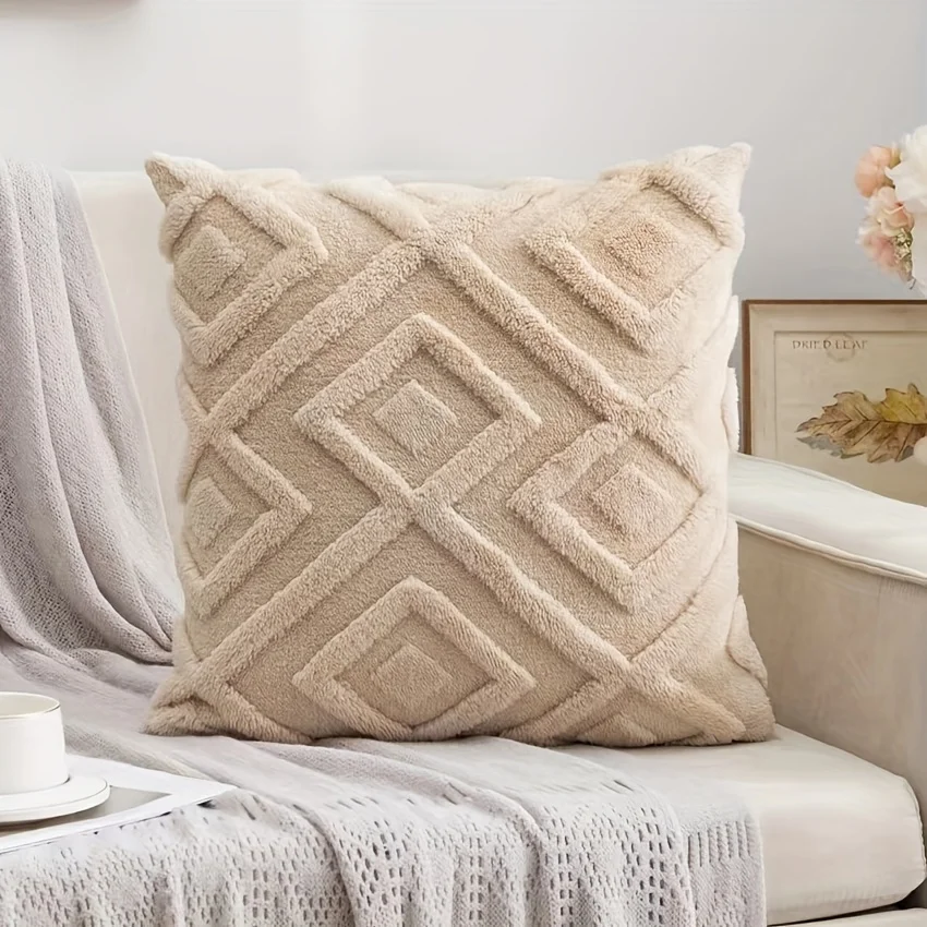 Bohemian Faux Fur Plush Throw Pillow Cover,Khaki,Luxury And Soft Fluffy Decorative Cushion Cover Pillowcase For Sofa, Couch