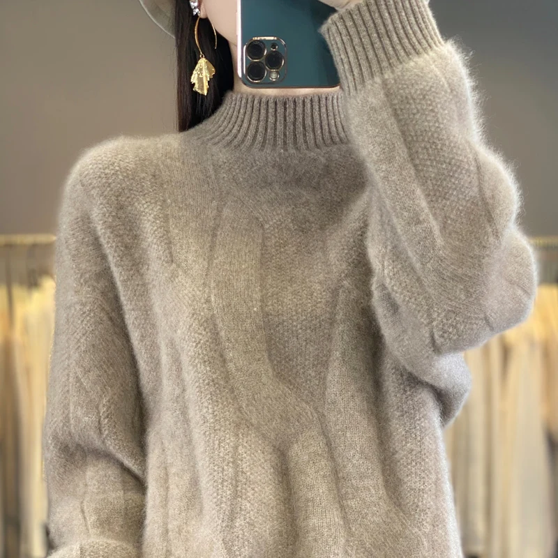 

100 wool thickened semi-turtleneck simple solid color big twist temperament sweater Loose casual commuter full high-end sweater